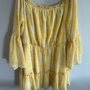 The Post Yellow Off-Shoulder peasant Dress with White Floral Pattern